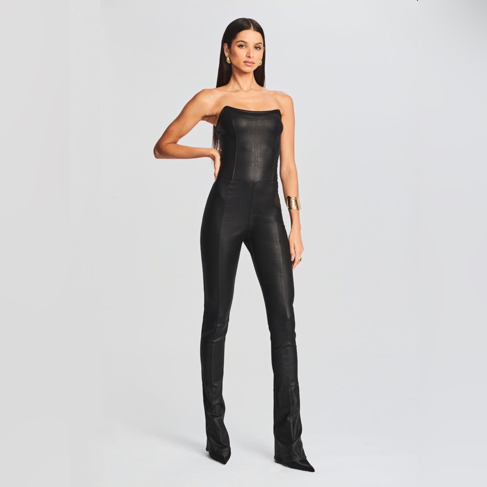 Retrofete Brinley Coated Denim Black Strapless Jumpsuit